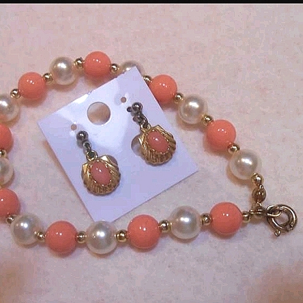 Vintage Coral & Faux Pearl Bracelet Set